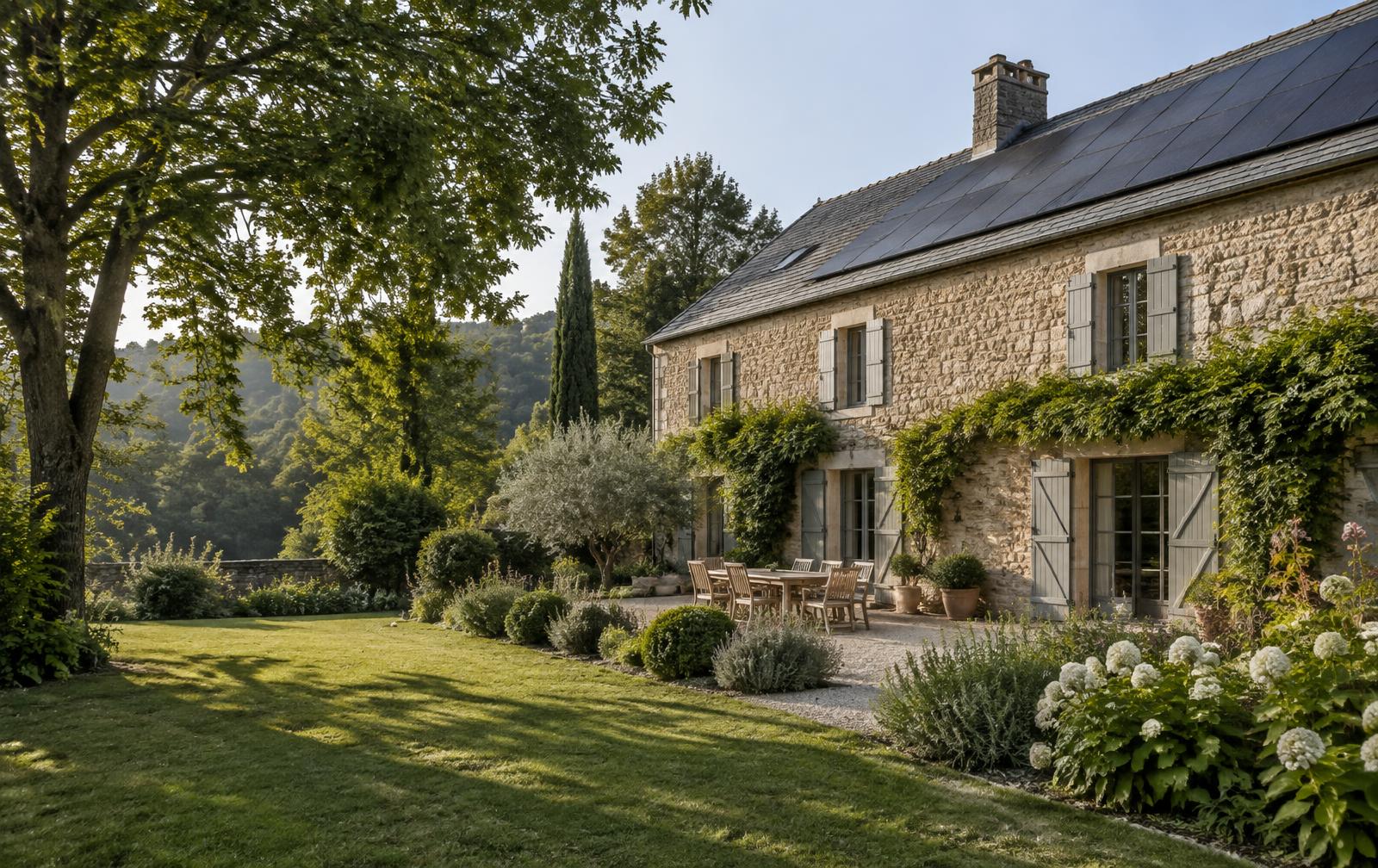 Maison française rénovée avec panneaux solaires sur la toiture